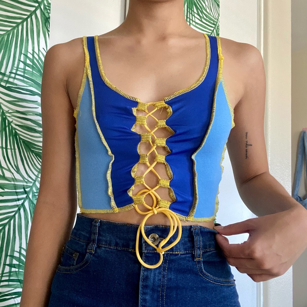 Blue color block tie up sexy crop top
